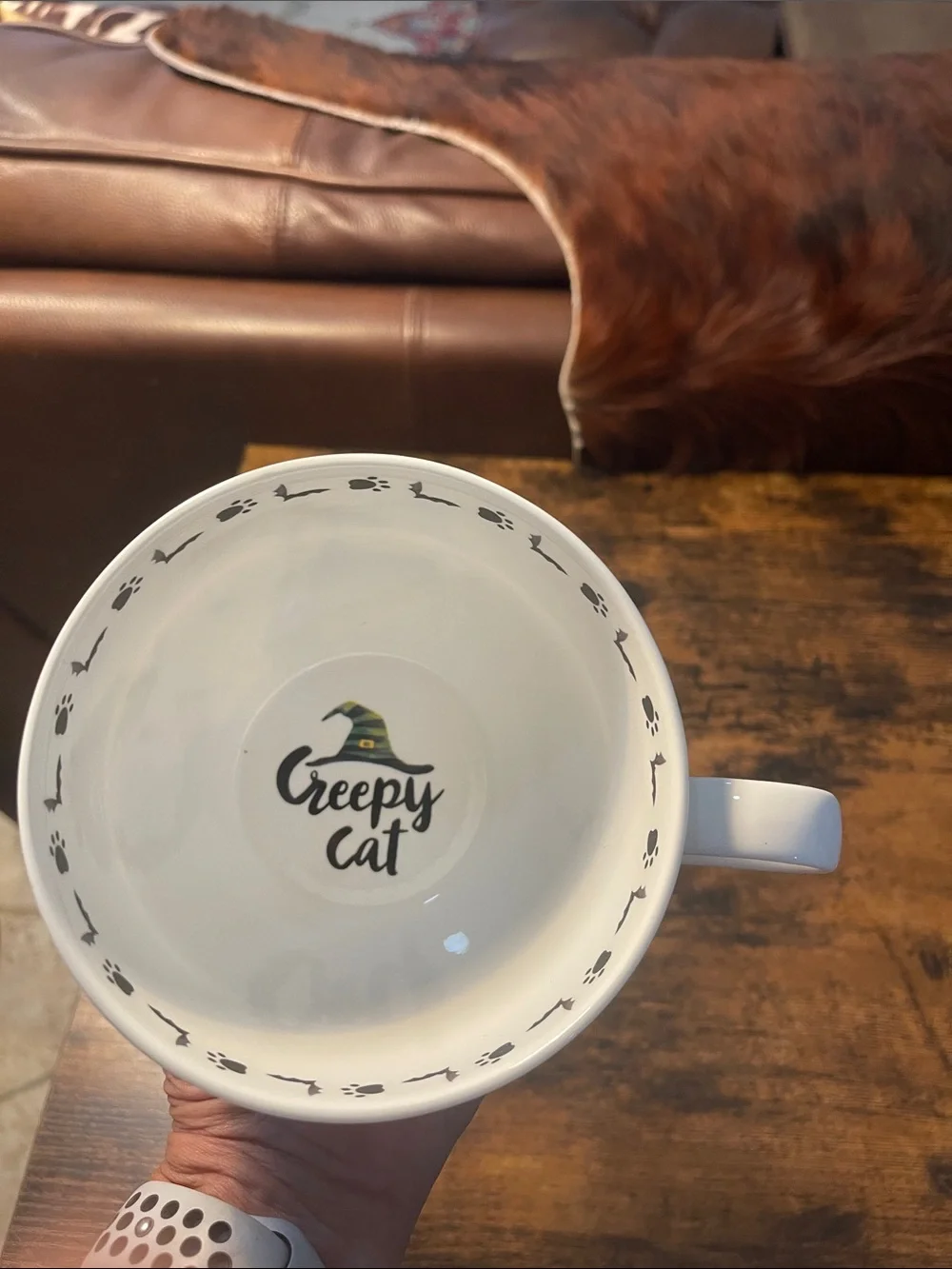 Halloween Cat Ceramic Coffee Mug - White with Green Accent